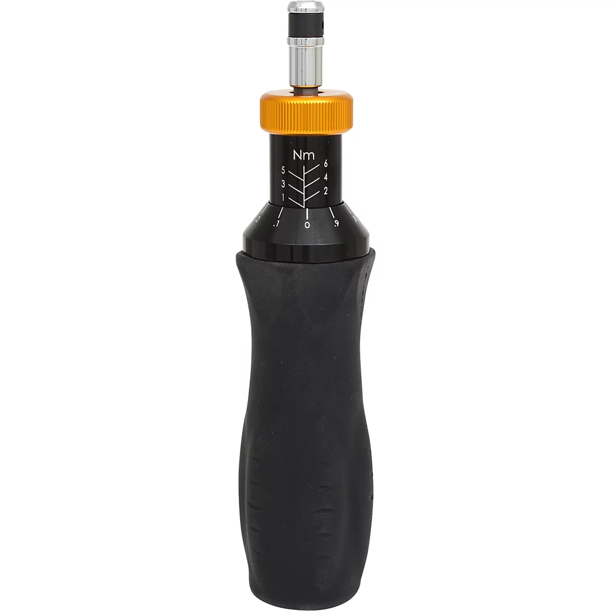 Schwarzer Drehmomentschlüssel, goldene Einstellschraube, Nm-Skala.